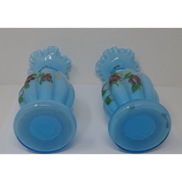 Fenton Melon Hand Painted Floral Blue Glass Vases Gold Trim - Picture 13 of 13